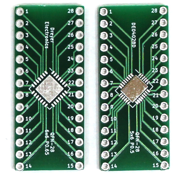 28-Pin QFN to DIP Breakout Board | Front: B: 6x6mm, P: 0.65mm | Back: B: 5x6mm, P: 0.5mm (5 Pack)