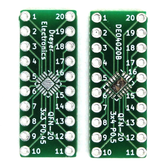 20-Pin QFN to DIP Breakout Board | Front: B: 3x3mm, P: 0.45mm | Back: B: 3x4mm, P: 0.5mm (5 Pack)